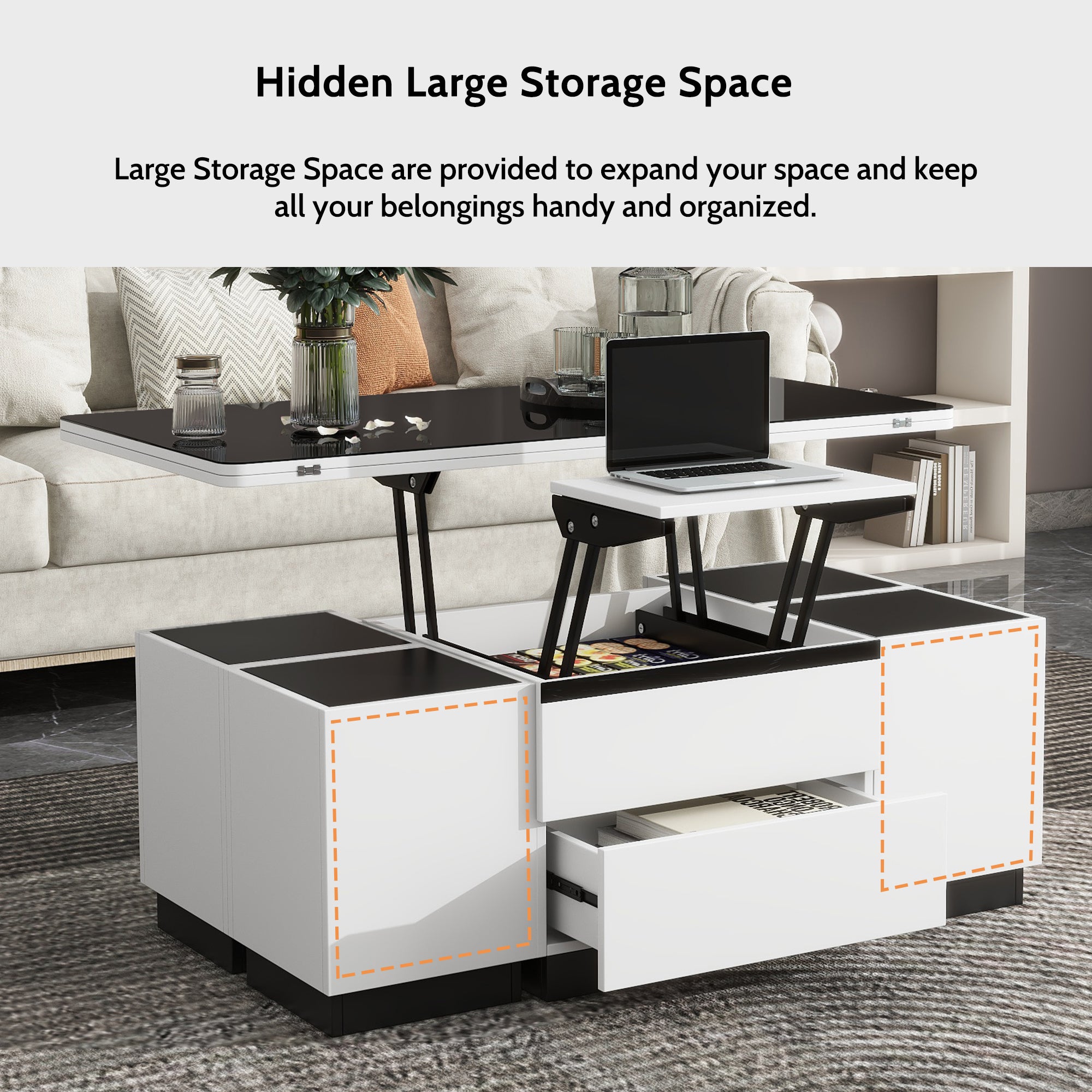 Modern White Lift Top Glass Coffee Table with Drawers & Storage Multifunction Table Modern White Lift Top Glass Coffee Table with Drawers & Storage Multifunction Table